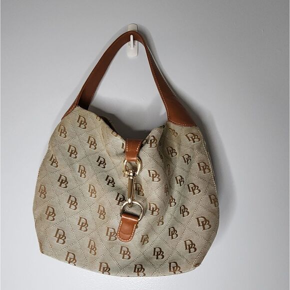 Dooney and Bourke Brown Nylon Hobo Handbag with Leather Strap And Hook Clasp - Picture 1 of 6